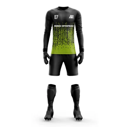 Custom goalkeeper kit with a black and yellow gradient design by Adrees Enterprises.