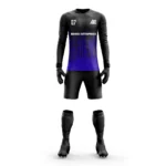 Custom goalkeeper kit with a black and purple gradient design by Adrees Enterprises.