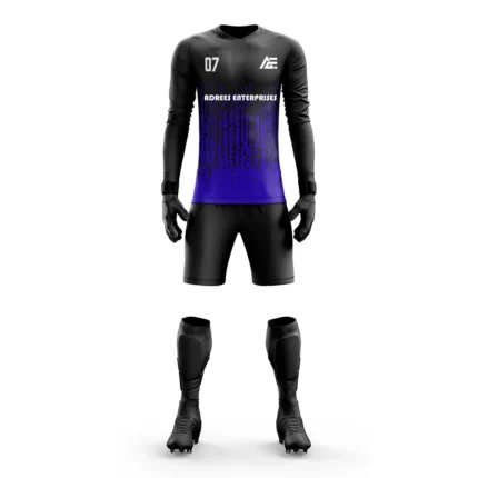 Custom goalkeeper kit with a black and purple gradient design by Adrees Enterprises.