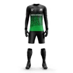 Custom goalkeeper kit with a black and green gradient design by Adrees Enterprises.