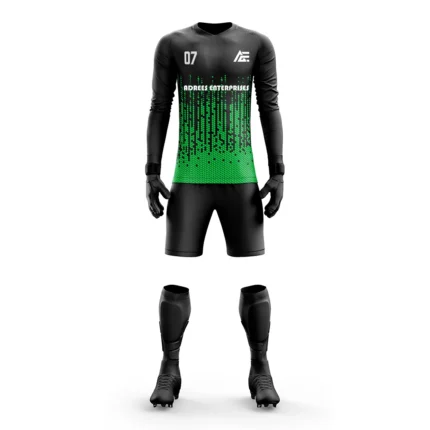 Custom goalkeeper kit with a black and green gradient design by Adrees Enterprises.