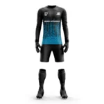 Custom goalkeeper kit with a black and blue gradient design by Adrees Enterprises.