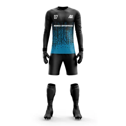 Custom goalkeeper kit with a black and blue gradient design by Adrees Enterprises.