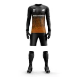 Custom goalkeeper kit with a black and orange gradient design by Adrees Enterprises.