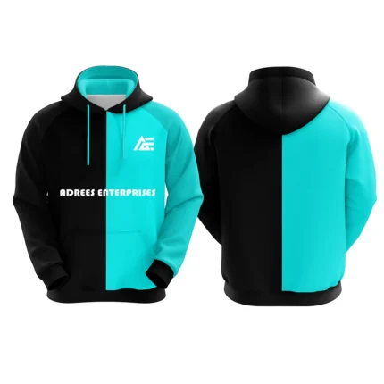 Black and blue custom hoodie with Adrees Enterprises logo on the front.