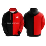 Black and red custom hoodie with Adrees Enterprises logo on the front.