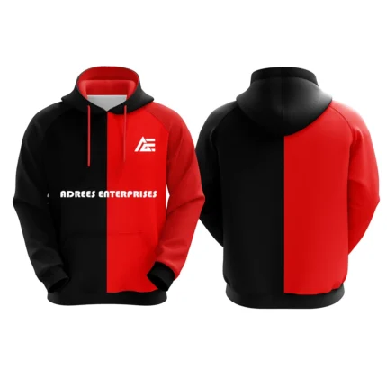 Black and red custom hoodie with Adrees Enterprises logo on the front.