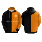 Black and orange custom hoodie with Adrees Enterprises logo on the front.