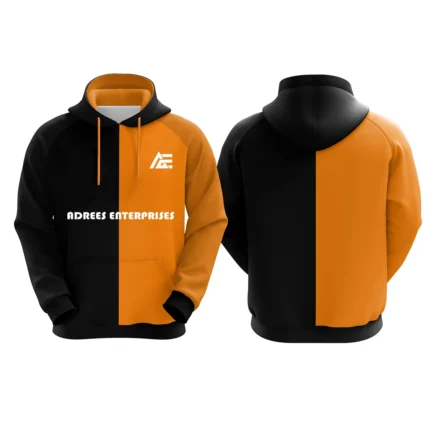 Black and orange custom hoodie with Adrees Enterprises logo on the front.