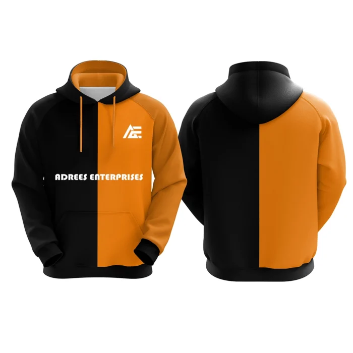 Black and orange custom hoodie with Adrees Enterprises logo on the front.