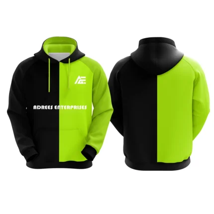 Black and neon green custom hoodie with Adrees Enterprises logo on the front.