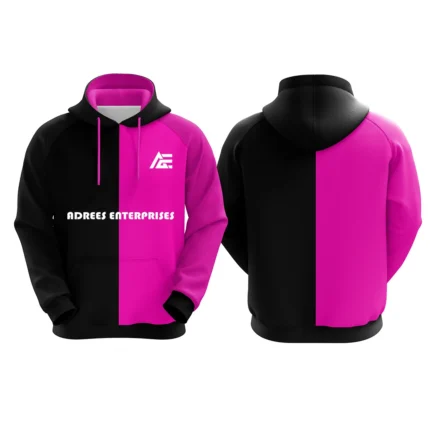 Black and pink custom hoodie with Adrees Enterprises logo on the front.