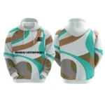 Custom white hoodie with teal and brown abstract design by Adrees Enterprises
