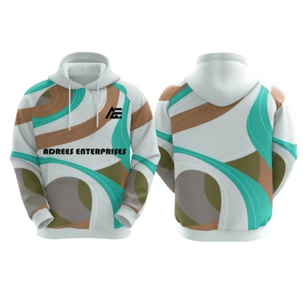 Custom white hoodie with teal and brown abstract design by Adrees Enterprises