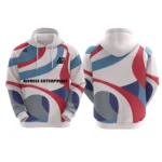 Custom white hoodie with red, blue, and gray abstract design by Adrees Enterprises