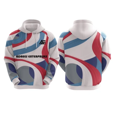 Custom white hoodie with red, blue, and gray abstract design by Adrees Enterprises