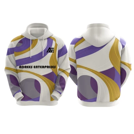 Custom white hoodie with gold and purple abstract design by Adrees Enterprises