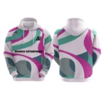 Custom white hoodie with pink and teal abstract design by Adrees Enterprises