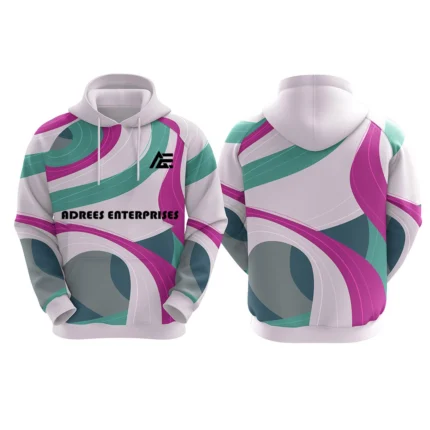 Custom white hoodie with pink and teal abstract design by Adrees Enterprises
