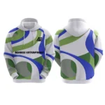 Custom white hoodie with blue and green abstract design by Adrees Enterprises