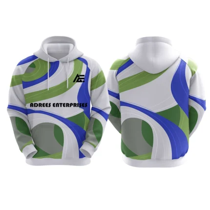 Custom white hoodie with blue and green abstract design by Adrees Enterprises