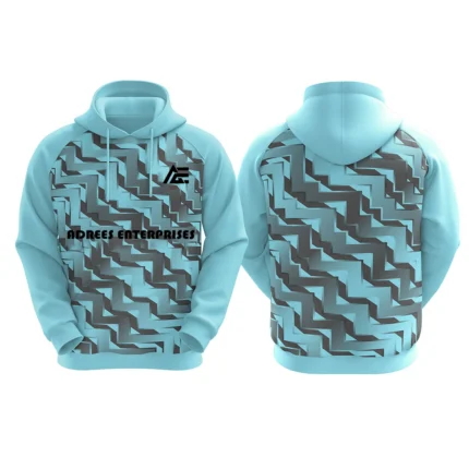 Custom light blue hoodie with geometric zigzag design by Adrees Enterprises