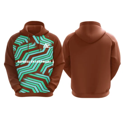 Custom brown hoodie with teal geometric stripe design by Adrees Enterprises