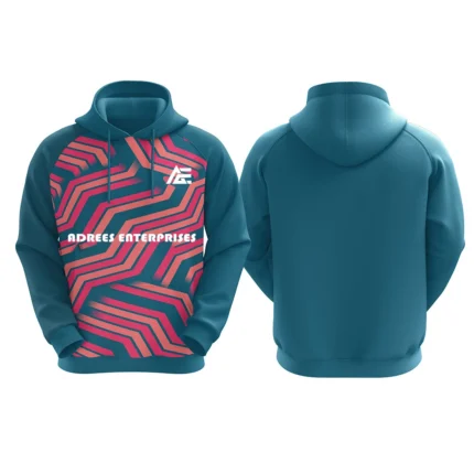 Custom teal hoodie with red geometric stripe design by Adrees Enterprises