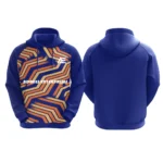 Custom blue hoodie with orange geometric stripe design by Adrees Enterprises