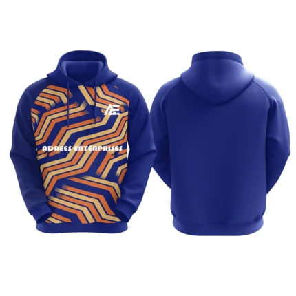 Custom blue hoodie with orange geometric stripe design by Adrees Enterprises