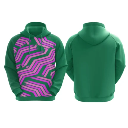 Custom green hoodie with pink geometric stripe design by Adrees Enterprises