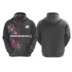 Custom gray hoodie with pink and white digital glitch design by Adrees Enterprises
