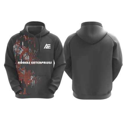 Custom gray hoodie with red and white digital glitch design by Adrees Enterprises