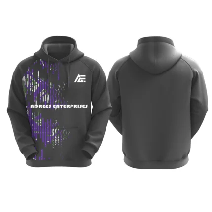 Custom gray hoodie with purple and white digital glitch design by Adrees Enterprises