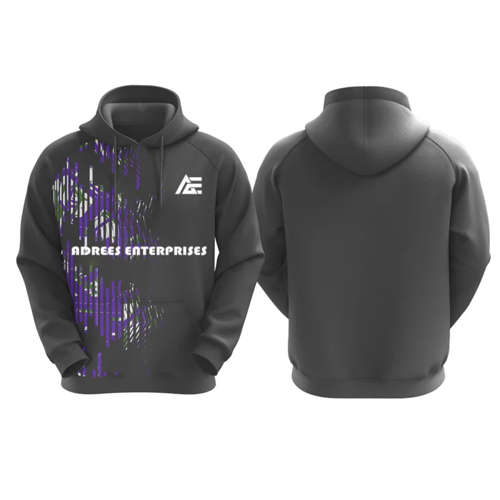 Custom gray hoodie with purple and white digital glitch design by Adrees Enterprises