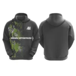 Custom gray hoodie with lime green and white digital glitch design by Adrees Enterprises