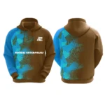 Custom brown hoodie with blue geometric patterns by Adrees Enterprises