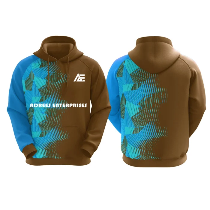 Custom brown hoodie with blue geometric patterns by Adrees Enterprises