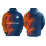 Custom navy blue hoodie with orange geometric patterns by Adrees Enterprises