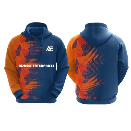 Custom navy blue hoodie with orange geometric patterns by Adrees Enterprises