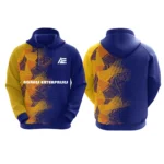 Custom royal blue hoodie with yellow geometric patterns by Adrees Enterprises