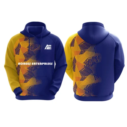 Custom royal blue hoodie with yellow geometric patterns by Adrees Enterprises