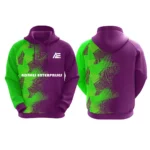 Custom purple hoodie with green geometric patterns by Adrees Enterprises