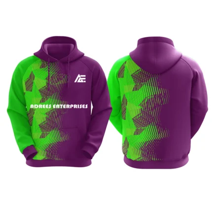 Custom purple hoodie with green geometric patterns by Adrees Enterprises
