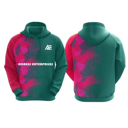 Custom green hoodie with pink geometric patterns by Adrees Enterprises