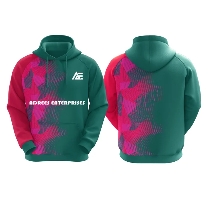 Custom green hoodie with pink geometric patterns by Adrees Enterprises