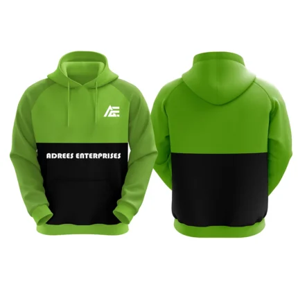 Green and black custom hoodie with Adrees Enterprises logo on the front.