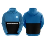 Blue and black custom hoodie with Adrees Enterprises logo on the front.
