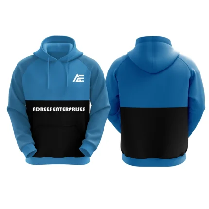 Blue and black custom hoodie with Adrees Enterprises logo on the front.