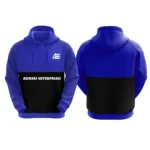 Dark blue and black custom hoodie with Adrees Enterprises logo on the front.